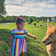 Kinsley is registered to the contest to win money with this photo: child, toddler, dog, grass, outdoor, sky, clouds, dress, colorful_clothing, pink_crocs, trees, house, smiling, pet, nature, sunny, portrait, playing, animal, happy