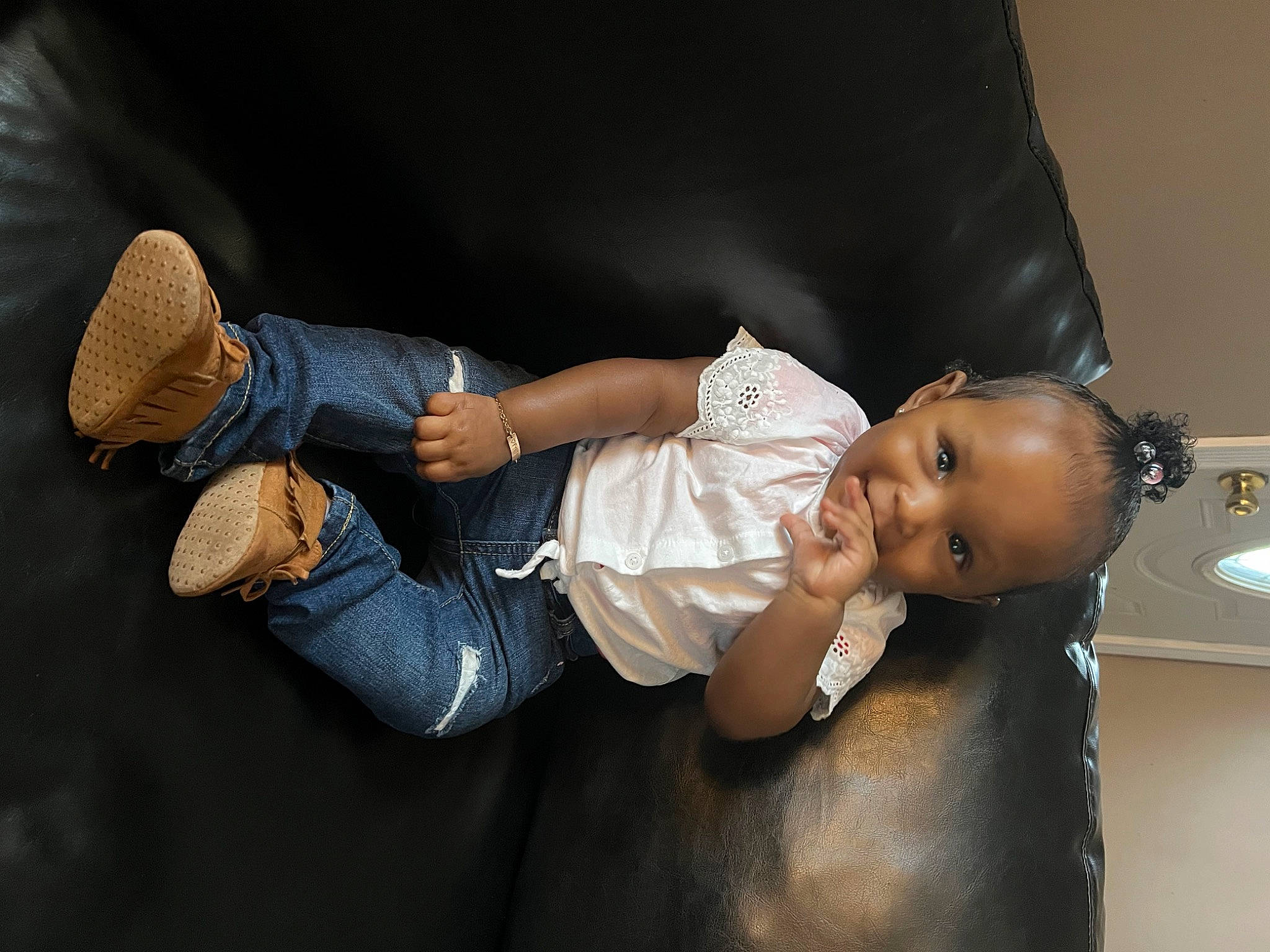 Faith joined the competition — help win amazing prizes! abdomen, baby, baby_toddler_clothing, comfort, couch, elbow, flash_photography, fun, gesture, happy, hat, human_leg, jeans, joint, knee, leg, person, smile, t_shirt, thigh