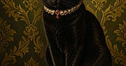 Ulan a rejoint le concours — aidez-le/la à gagner de superbes lots ! animal, black_cat, close_up, collar, decor, elegant, feline, green_eyes, indoor, jewelry, luxury, majestic, ornate, pet, portrait, royal, sitting, still_life, velvet_cushion, vintage_wallpaper
