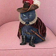Ulan a rejoint le concours — aidez-le/la à gagner de superbes lots ! cat, costume, hat, feather, ruffled_collar, cape, boots, sword, black_cat, pink_chair, indoor, pet, animal, feline, portrait, fancy_dress, seated, cute, whiskers, mustache