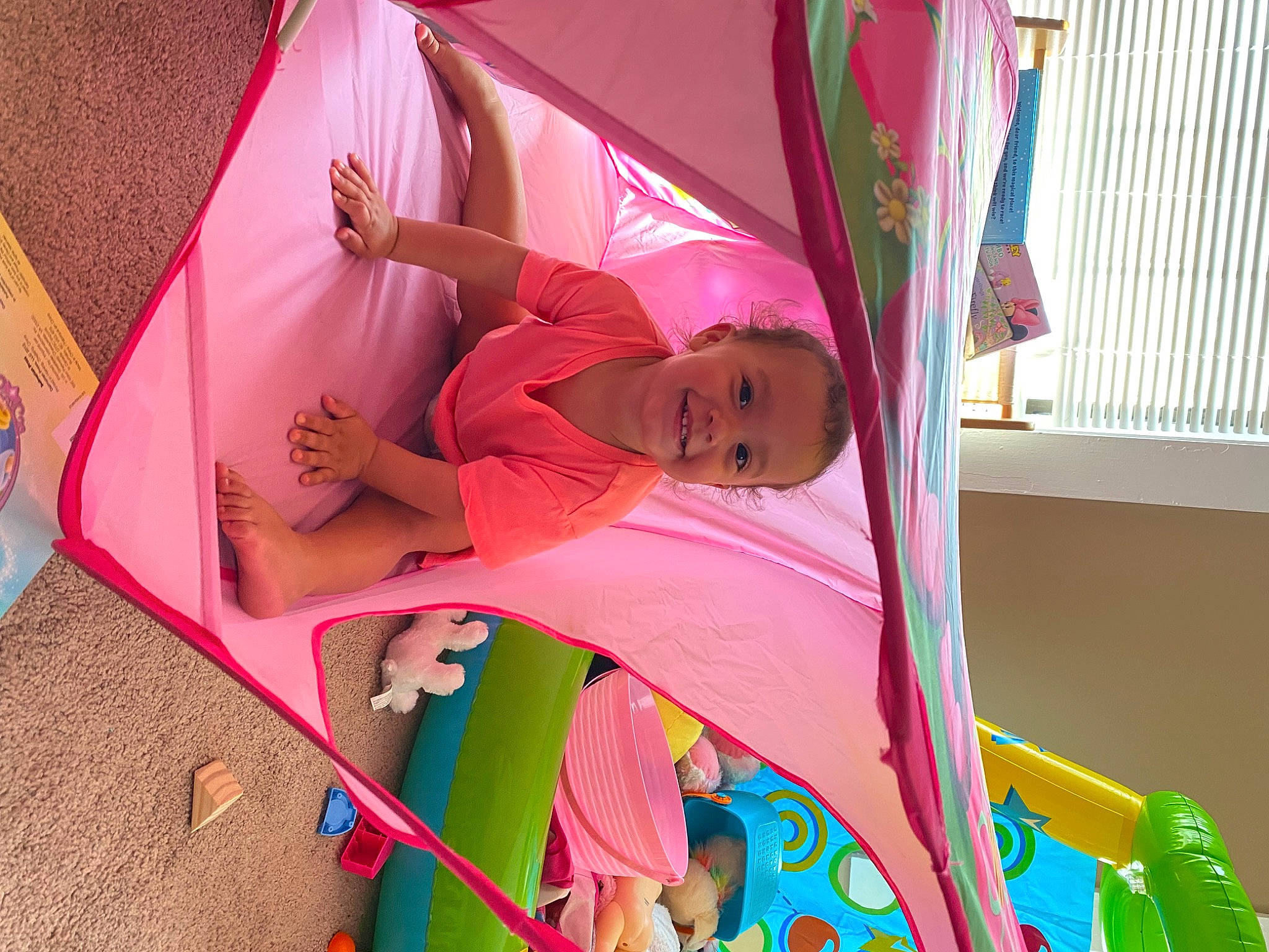 Frankie joined the competition — help win amazing prizes! child, event, fun, joy, leisure, magenta, person, pink, plastic, recreation, red, room, t_shirt, thigh, toddler, tree, visual_arts, window, window_blind