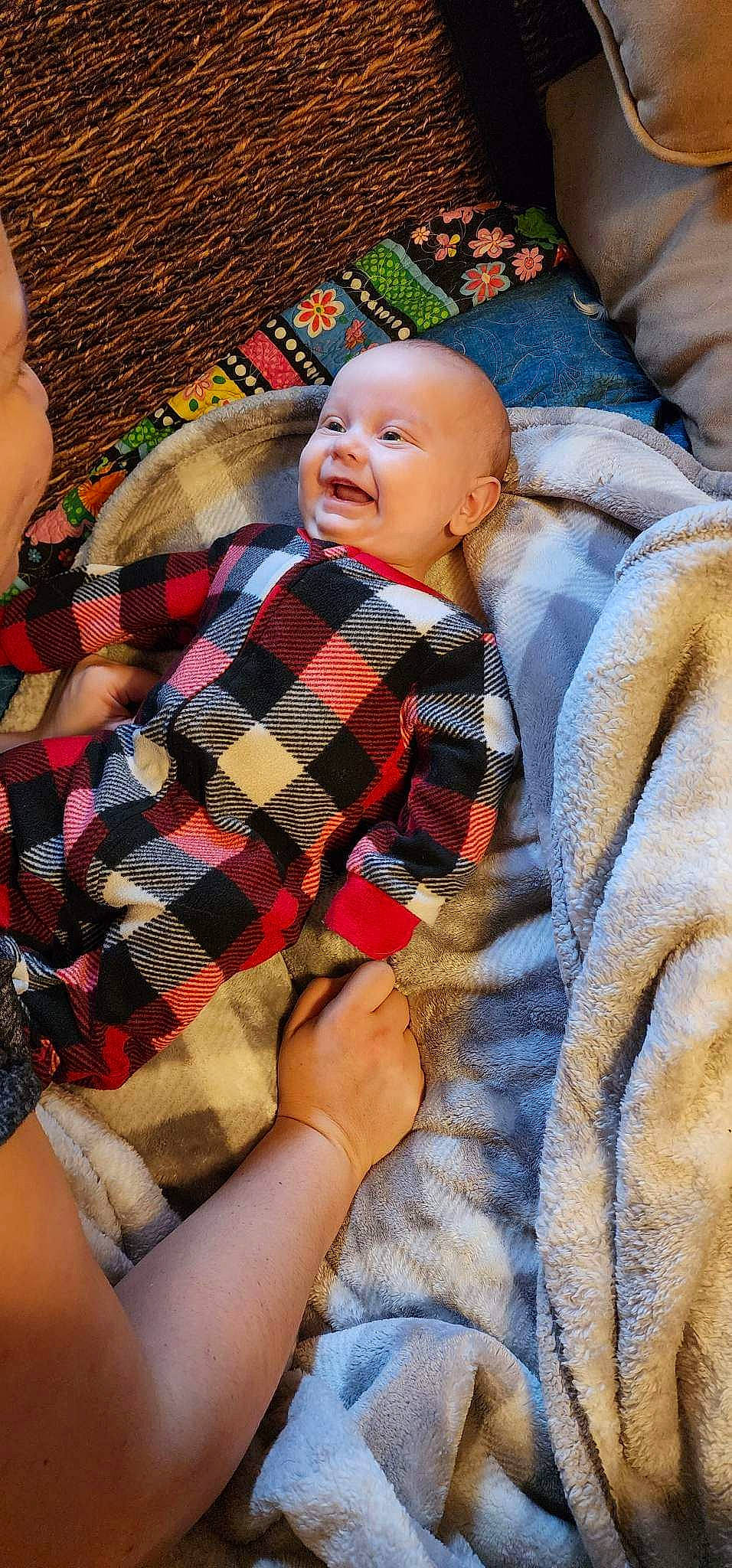 Braxton joined the competition — help win amazing prizes! abdomen, baby, child, comfort, fun, grass, happy, human_leg, lap, linens, pattern, person, plaid, sitting, skin, smile, tartan, thigh, toddler, trunk