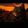 cat, tabby, sunset, outdoor, animal, nature, field, fur, whiskers, sun, sky, clouds, collar, bell, closeup, profile, peaceful, golden_hour, landscape, scenic
