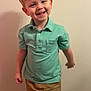 child, boy, smiling, standing, blond_hair, polo_shirt, shorts, white_shoes, indoor, wall, floor, happy, cute, portrait, casual_clothing, young, person, feet, socks, light