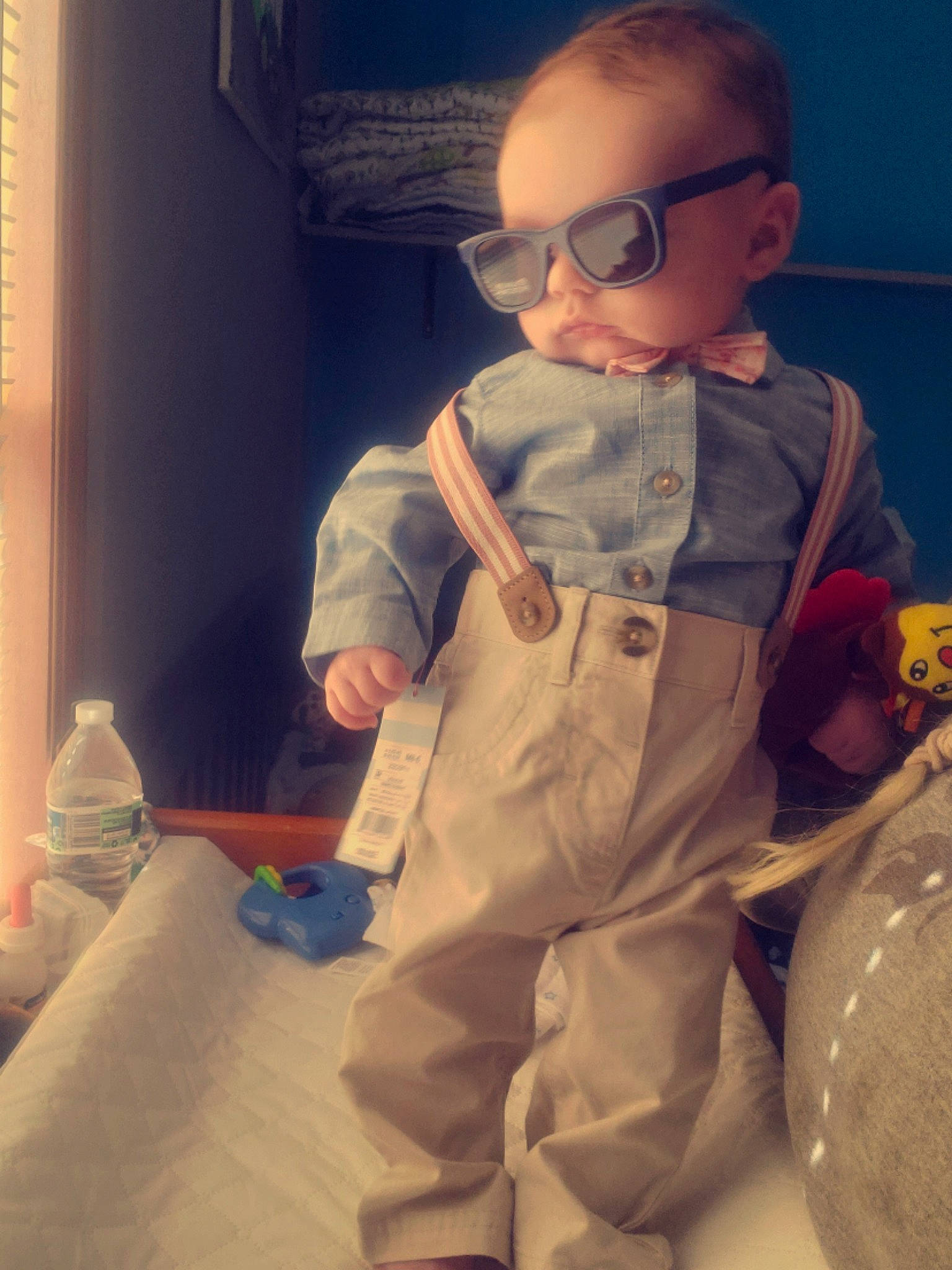 Johnathan joined the competition — help win amazing prizes! baby, baby_toddler_clothing, beauty, child, cloud, costume, eyewear, flooring, fun, glasses, goggles, linens, outerwear, person, personal_protective_equipment, room, sitting, skin, sleeve, sunglasses