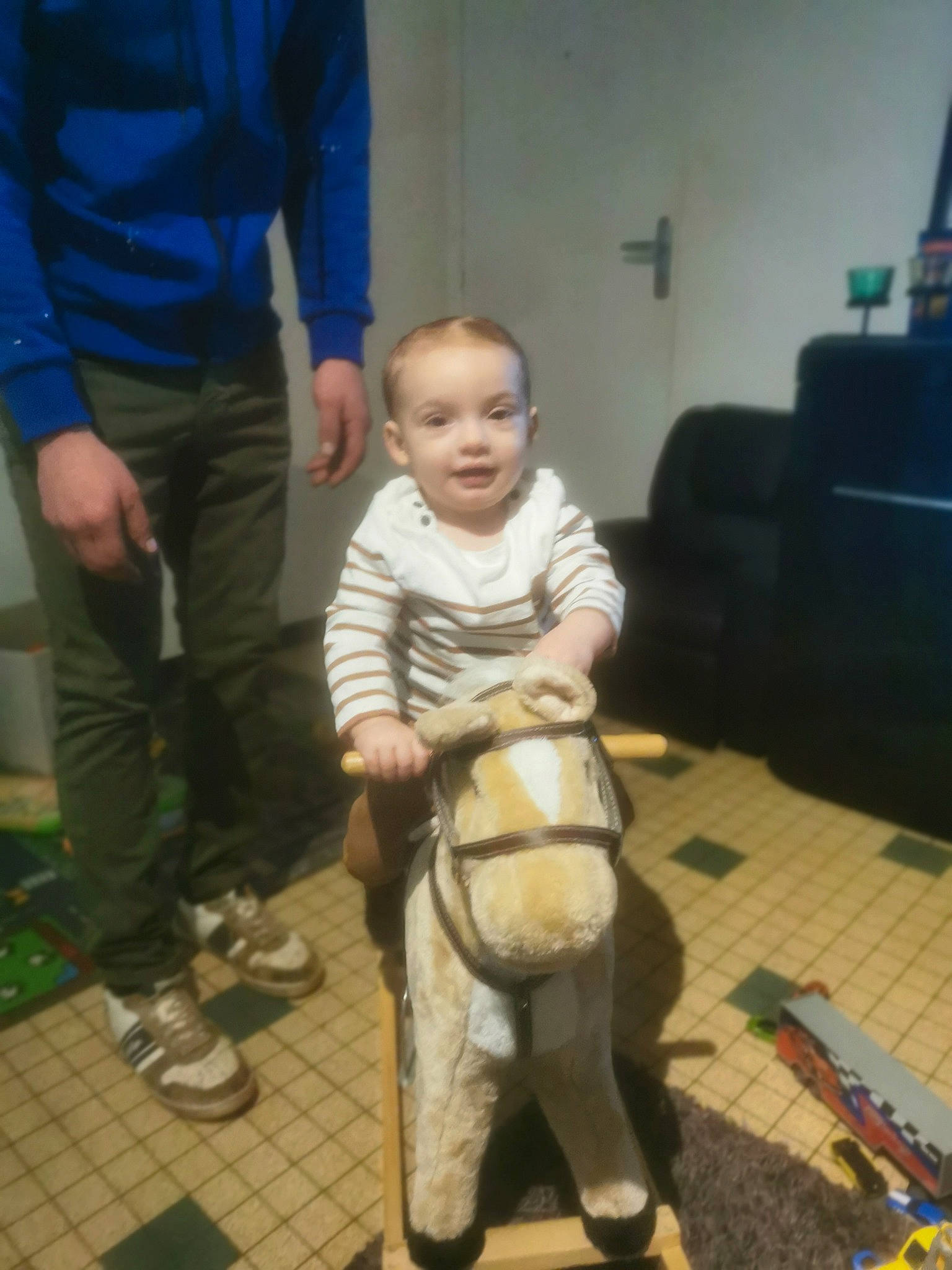 Paülo participe au concours pour gagner de l'argent avec cette photo : baby, baby_carriage, child, companion_dog, couch, fawn, flooring, fun, human_leg, joint, knee, person, room, shorts, sitting, sneakers, standing, television, thigh, toddler