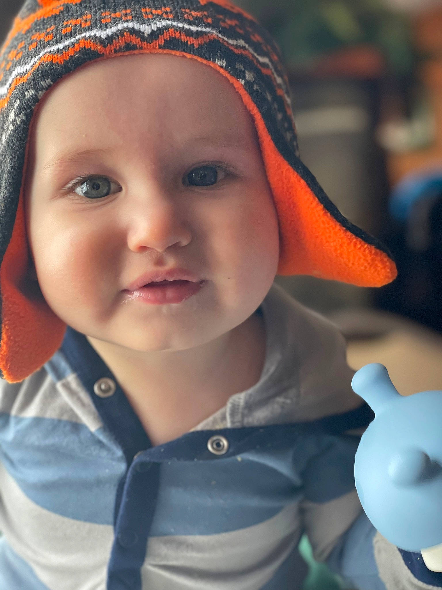 Grady is registered to the contest to win money with this photo: baby, beanie, cap, cheek, child, cool, electric_blue, fashion_accessory, fun, happy, headgear, headwear, knit_cap, light, lip, person, photograph, skin, smile, toddler