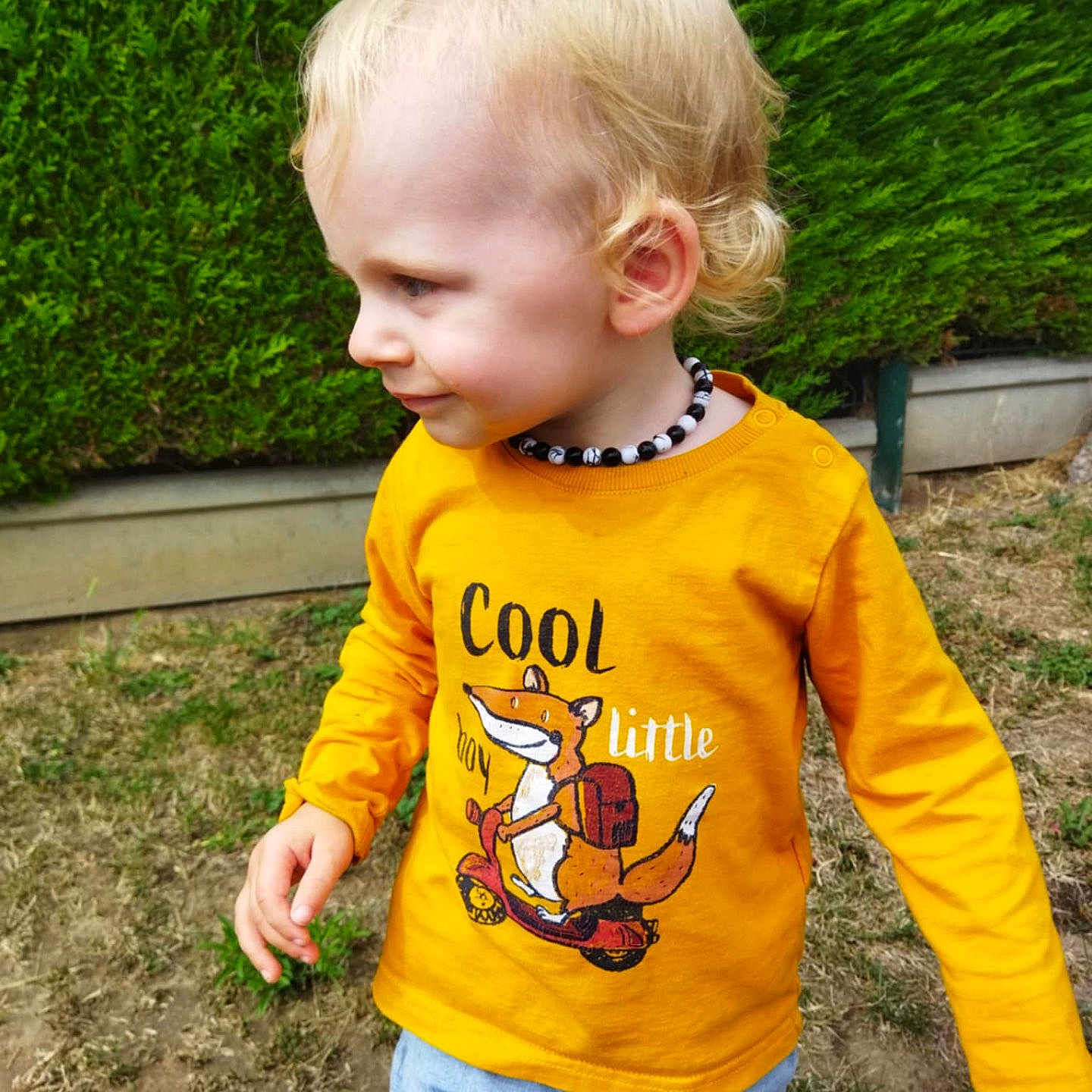 Thayron a rejoint le concours — aidez-le/la à gagner de superbes lots ! blue_jeans, casual_clothing, child, curly_hair, cute, daylight, fox_illustration, grass, happy, hedge, nature, necklace, outdoor, person, playful, scooter_graphic, side_profile, smile, toddler, yellow_shirt