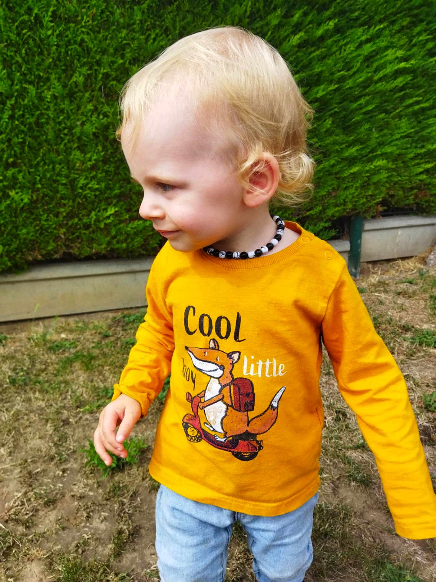 Thayron a rejoint le concours — aidez-le/la à gagner de superbes lots ! toddler, child, yellow_shirt, fox_illustration, scooter_graphic, outdoor, grass, hedge, necklace, curly_hair, side_profile, casual_clothing, blue_jeans, happy, smile, person, nature, daylight, playful, cute
