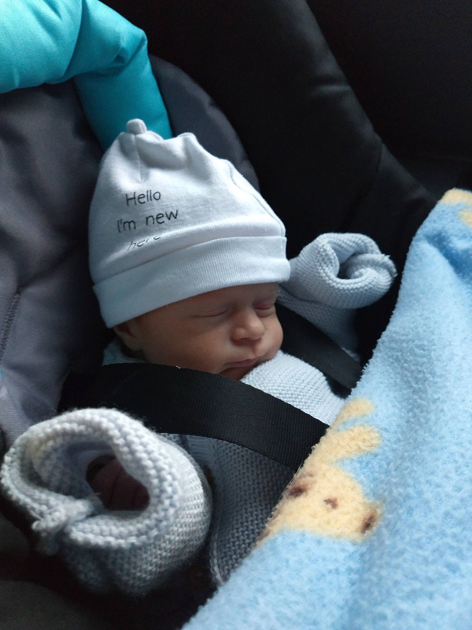 Amélia participe au concours pour gagner de l'argent avec cette photo : baby, baby_products, baby_toddler_clothing, beanie, cap, cheek, child, comfort, electric_blue, grey, headgear, headwear, knit_cap, person, product, sitting, textile, toddler, tree, winter