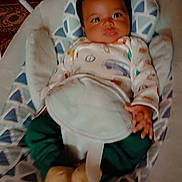 Zaylin is registered to the contest to win money with this photo: baby, infant, child, baby_seat, clothing, onesie, pants, footwear, face, eyes, hand, straps, pattern, indoor, carpet, furniture, comfort, cute, curious, portrait