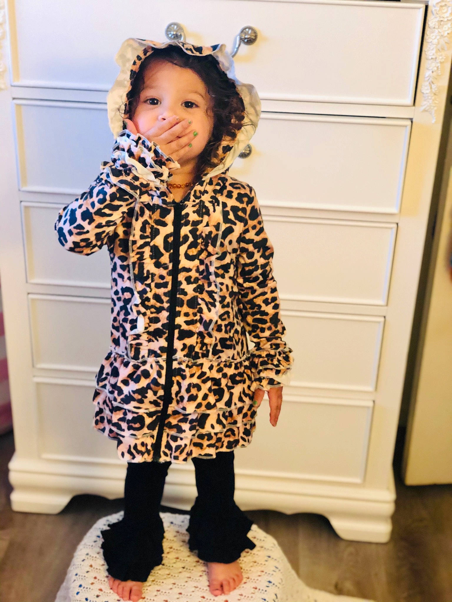 Marisol joined the competition — help win amazing prizes! child, child_model, clothing, coat, dress, ear, footwear, fur, jacket, knee, leggings, outerwear, pattern, person, room, shoe, sleeve, tights, toddler, yellow