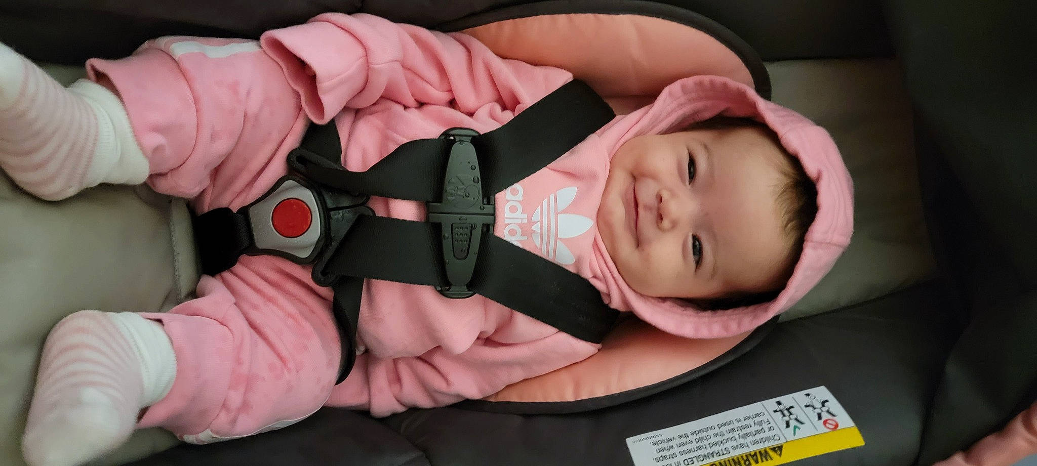 Esmae is registered to the contest to win money with this photo: baby, baby_toddler_clothing, cheek, child, comfort, eye, finger, gesture, human, human_body, joy, mammal, mouth, people, person, pink, product, skin, sleeve, smile