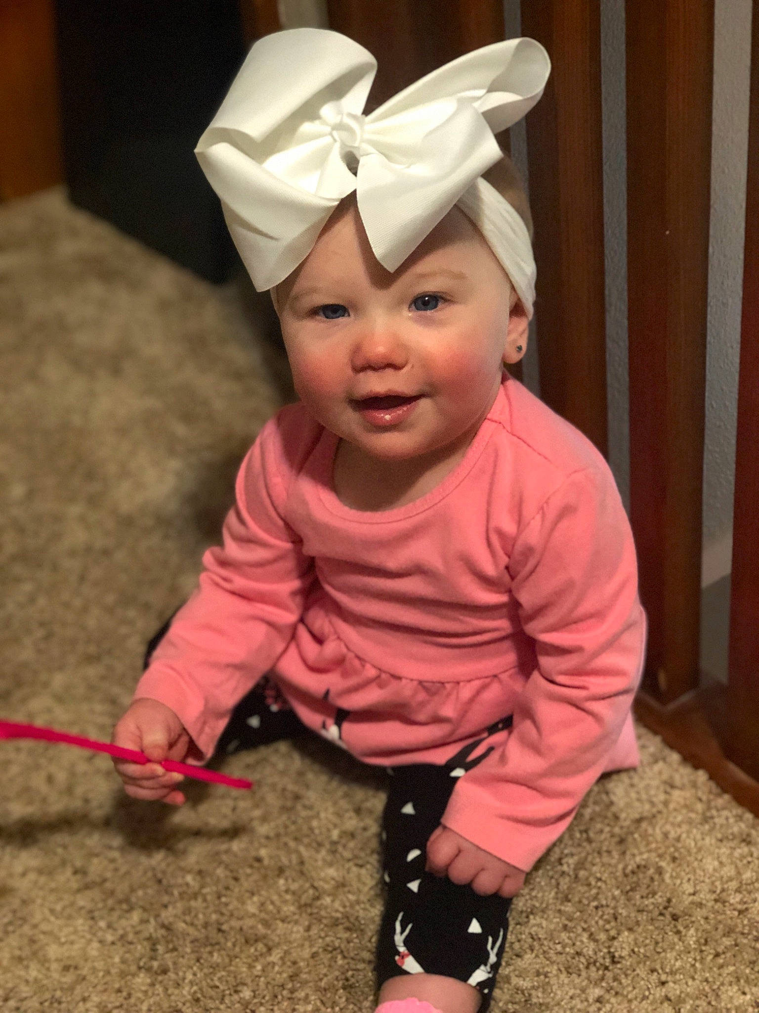 Preslee is registered to the contest to win money with this photo: baby, baby_toddler_clothing, child, costume, costume_accessory, ear, head, headgear, headwear, person, pink, skin, smile, toddler