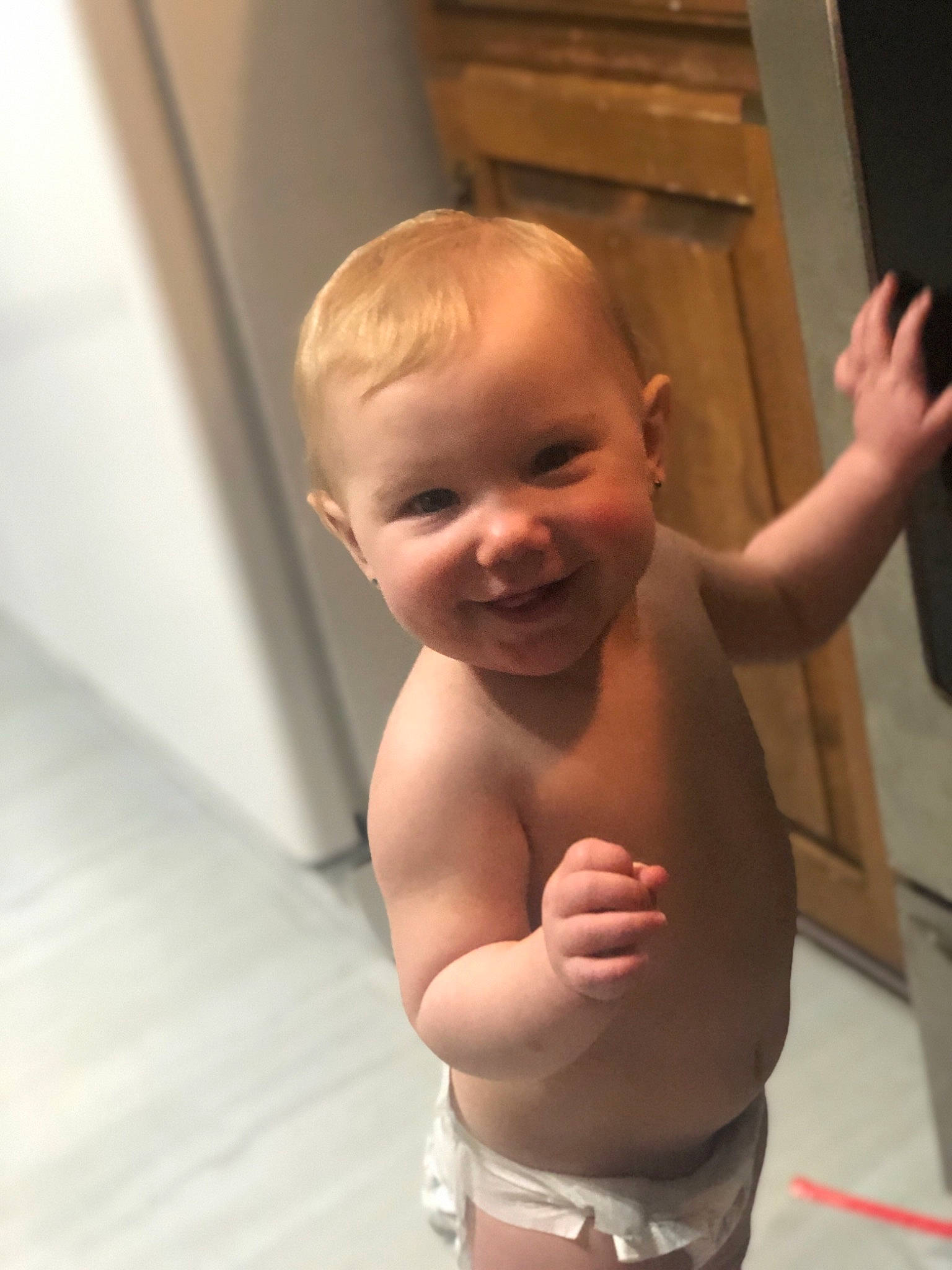 Preslee is registered to the contest to win money with this photo: abdomen, arm, baby, barechested, bathing, cheek, chest, child, facial_expression, head, joy, muscle, person, skin, smile, standing, stomach, toddler, trunk