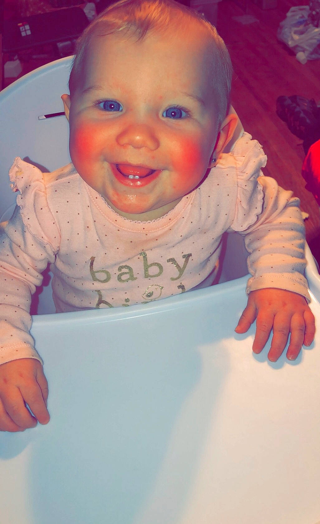 Preslee is registered to the contest to win money with this photo: baby, cheek, child, eye, face, facial_expression, finger, fun, hand, happy, head, joy, laugh, lip, mouth, nose, person, pink, play, skin