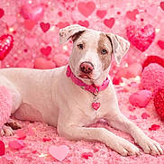 Venus joined the competition — help win amazing prizes! dog, heart, pink, collar, pet, cute, valentine, decorations, fluffy, laying_down, portrait, animal, love, background, soft, lights, cute_pet, heart_shaped, indoor, adorable