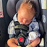 newborn, baby, infant, sleeping, car_seat, harness, seatbelt, portrait, indoors, transportation, safety, sock, striped_clothing, white_glove, seated, face, closed_eyes, headrest, child, photography