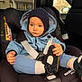 Kamil participe au concours pour gagner de l'argent avec cette photo : baby, infant, car_seat, seat_belt, hat, blue_jacket, shoe, sock, hand, face, eyes, car_interior, window, rear_view_mirror, house_outside, seat, safety, strapped_in, cute, portrait