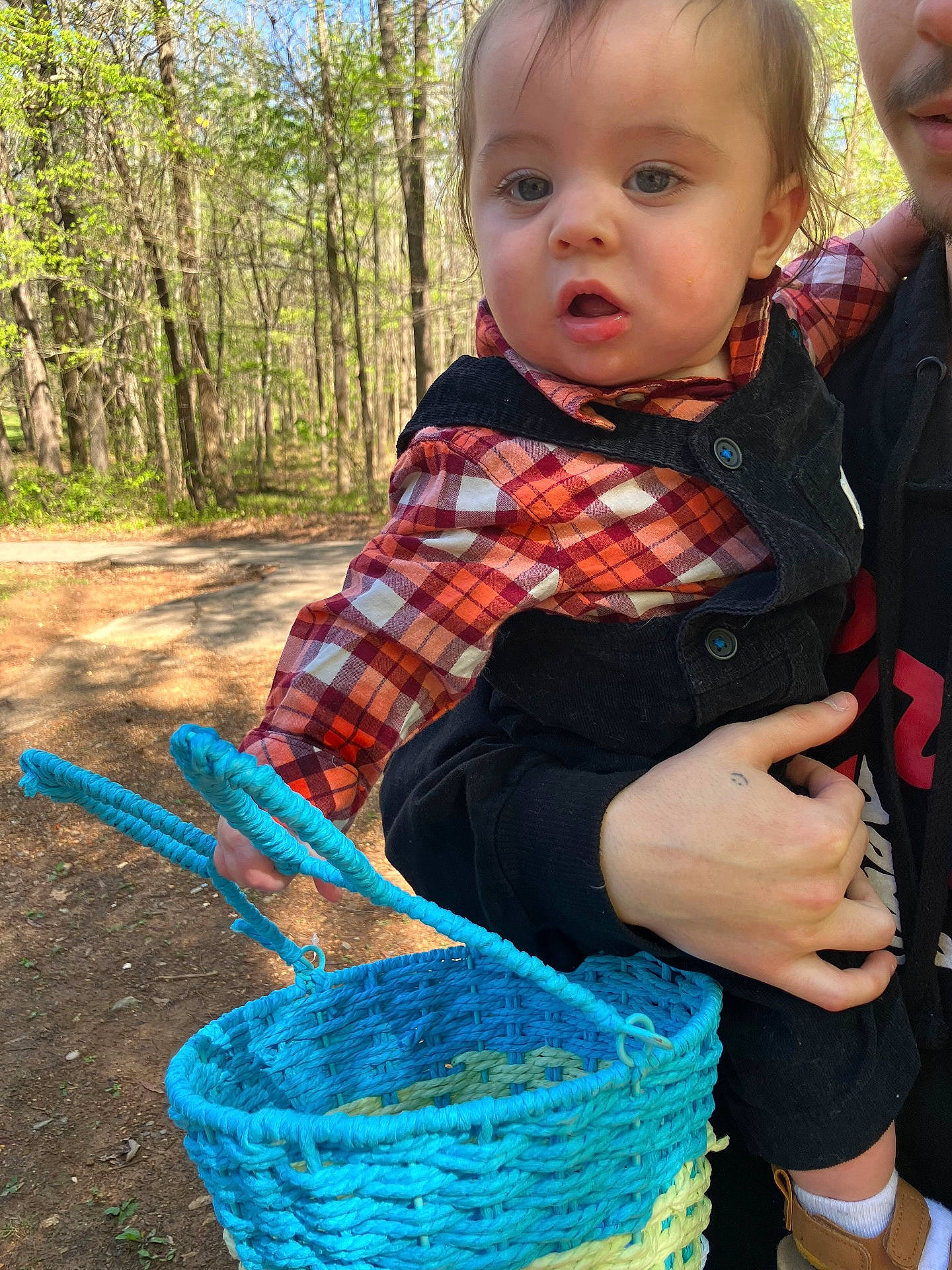 Damon joined the competition — help win amazing prizes! adult, basket, casual_clothing, child, curious, daylight, forest, hand, holding, nature, outdoor, pathway, person, plaid_shirt, shoe, sunlight, toddler, trees, vest, young_child