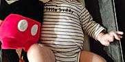 Jose joined the competition — help win amazing prizes! baby, bed, child, comfort, cozy, cushion, cute, happy, indoor, infant, lying_down, mickey_mouse, onesie, person, plush_toy, smiling, soft_toy, striped_clothing, toddler, toy