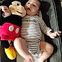 Jose joined the competition — help win amazing prizes! baby, child, plush_toy, mickey_mouse, onesie, striped_clothing, cushion, indoor, soft_toy, cute, infant, lying_down, smiling, person, toddler, toy, bed, comfort, happy, cozy