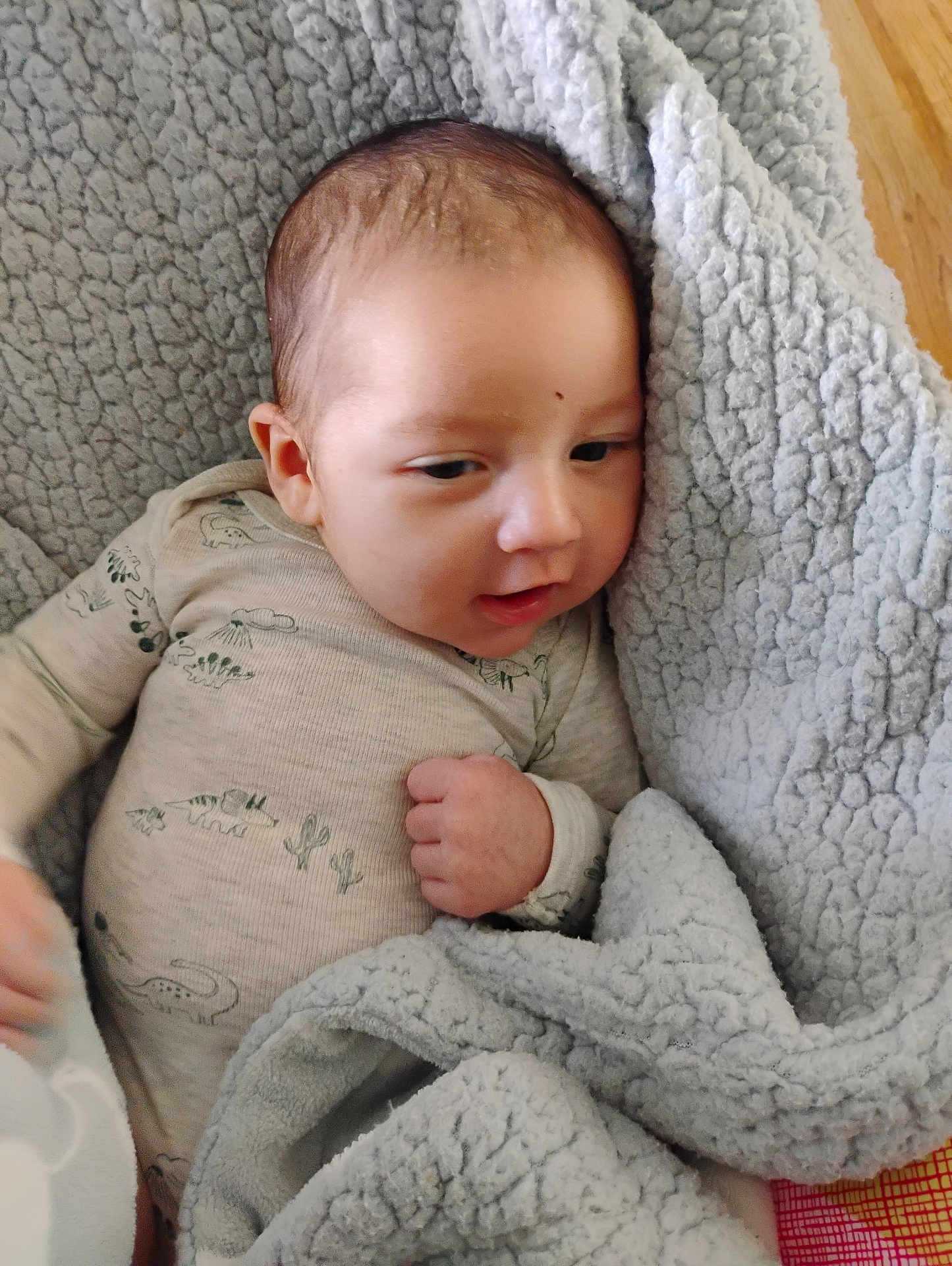 Jose joined the competition — help win amazing prizes! baby, blanket, onesie, dinosaur_print, infant, cozy, clothing, cute, fist, soft_texture, sleepwear, portrait, child, indoor, toddler, head, face, expression, skin, comfort
