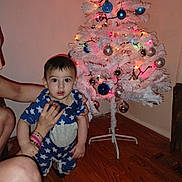 Jose joined the competition — help win amazing prizes! toddler, child, person, christmas_tree, holiday, decorations, ornaments, blue, silver, lights, pajamas, floor, wooden_floor, interior, home, adult, hand, star_pattern, cute, festive