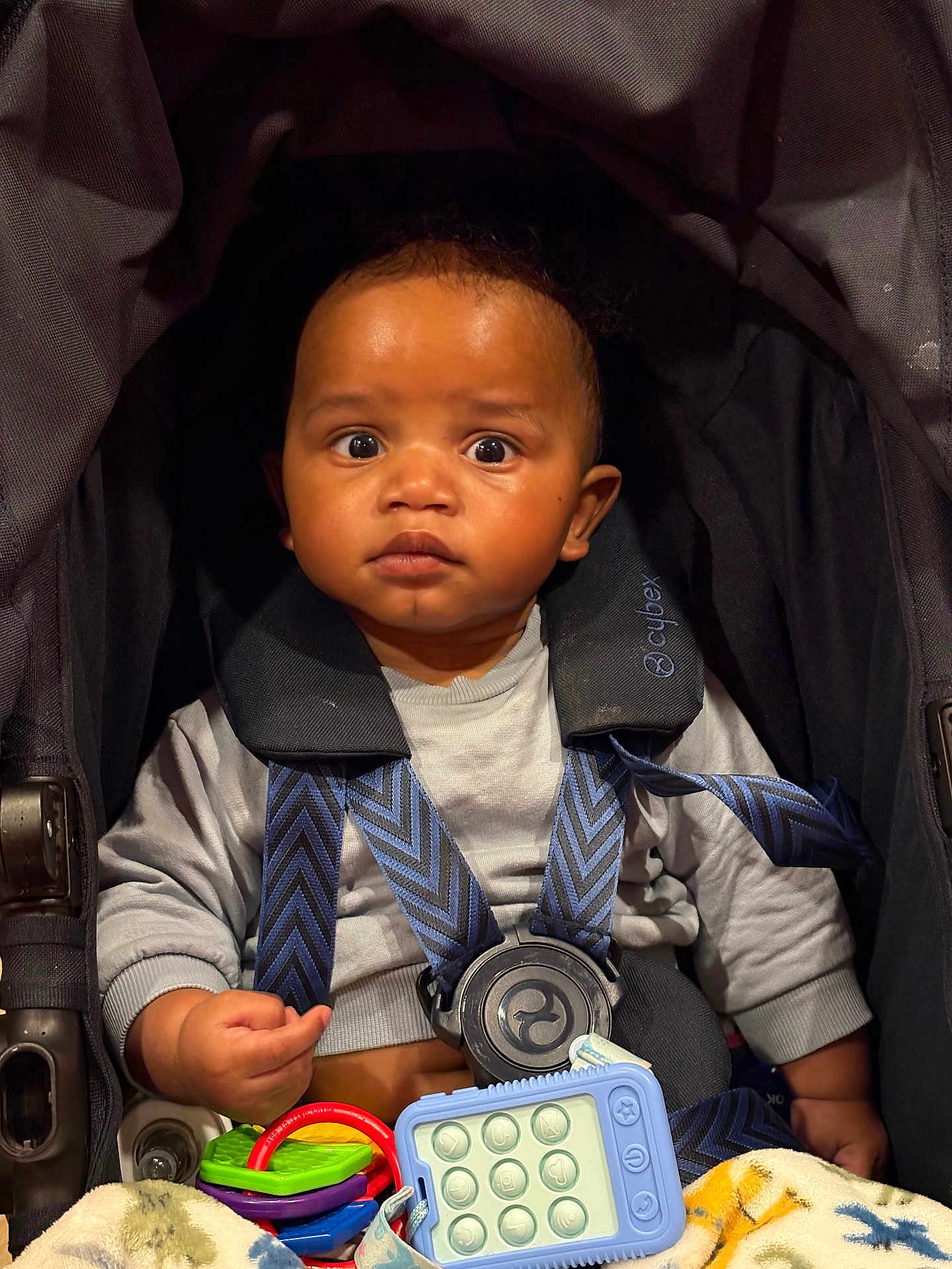 Bleu joined the competition — help win amazing prizes! baby, child, stroller, toy, colorful, face, expression, clothing, seatbelt, infant, hand, curious, indoor, portrait, young_child, play, blanket, sitting, human, closeup