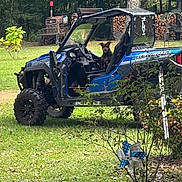 Bitz Eda Jean joined the competition — help win amazing prizes! adventure, blue, daytime, dog, dog_sitting, grass, greenery, metal, nature, off_road_vehicle, outdoor, pinwheel, rural, seat, steering_wheel, summer, tree, vehicle, woodpile, yard