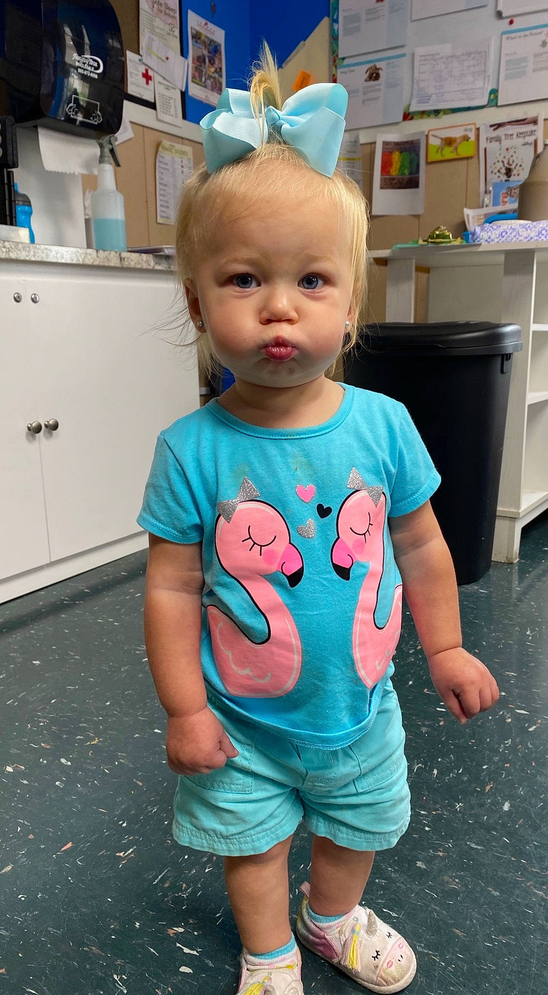 Kynlee joined the competition — help win amazing prizes! arm, baby, baby_toddler_clothing, child, costume, ear, face, head, neck, person, play, product, sleeve, smile, t_shirt, toddler, top, turquoise, vacation
