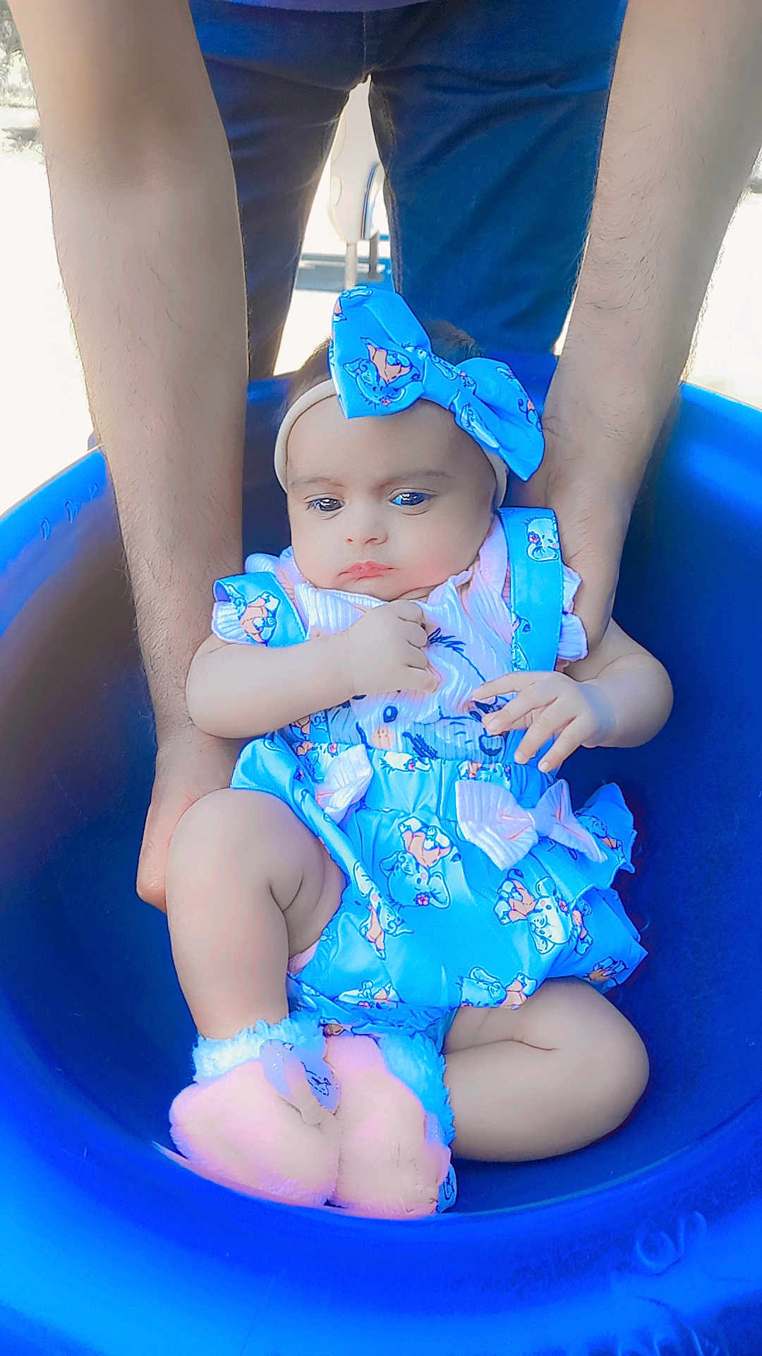 Zarwisha joined the competition — help win amazing prizes! baby, child, blue_outfit, headband, pink_booties, tub, adult_hands, infant, cute, seated, indoor, soft_lighting, protective, colorful_clothing, portrait, small_child, people, closeup, human, comfort