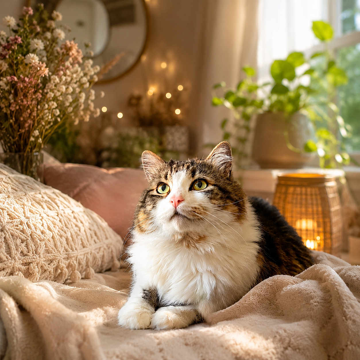 Heaven participe au concours pour gagner de l'argent avec cette photo : cat, fluffy, indoor, cozy, blanket, pillow, flower, vase, lantern, warm_light, window, plant, decor, furniture, relaxed, pet, fur, cute, resting, home