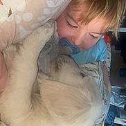 Aïko a rejoint le concours — aidez-le/la à gagner de superbes lots ! toddler, baby, pacifier, sleeping, dog, puppy, white_dog, cuddling, blanket, bed, indoor, child, cozy, resting, cute, pet, animal, comfort, nap, home