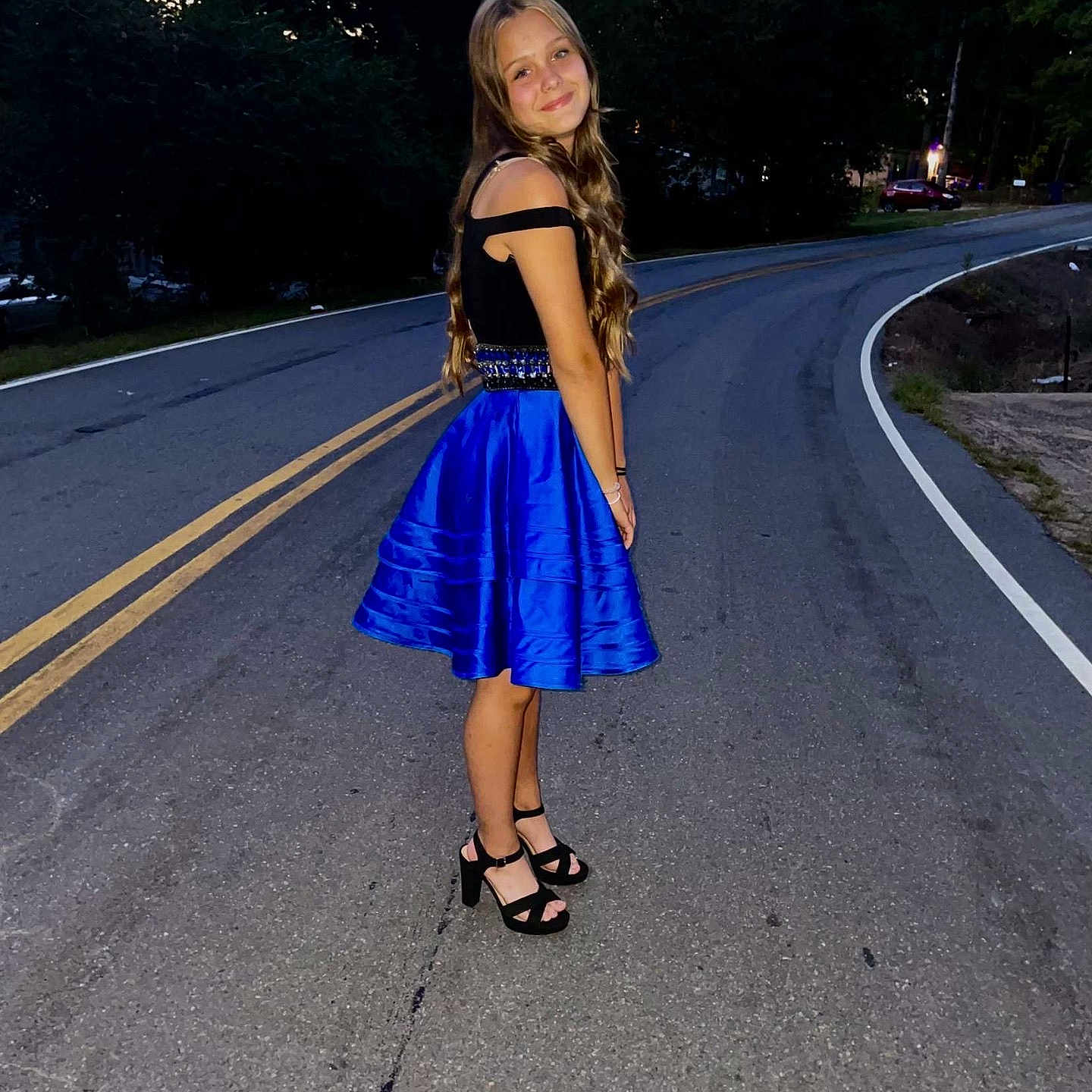 Anabella joined the competition — help win amazing prizes! asphalt, black_top, blue_skirt, casual, child, curved_road, evening, fashion, girl, heels, long_hair, nature, outdoor, posing, road, side_view, smile, street, trees, young_female