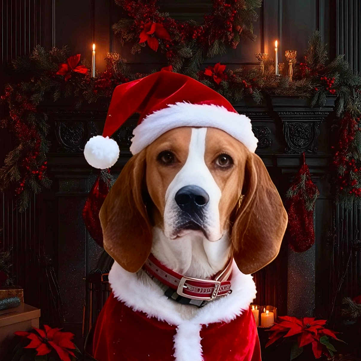 Nova joined the competition — help win amazing prizes! beagle, candles, celebration, christmas, decorations, dog, festive, fireplace, fur, green, holiday, indoor, pet, poinsettia, portrait, red, santa_clothes, santa_hat, stockings, wreath