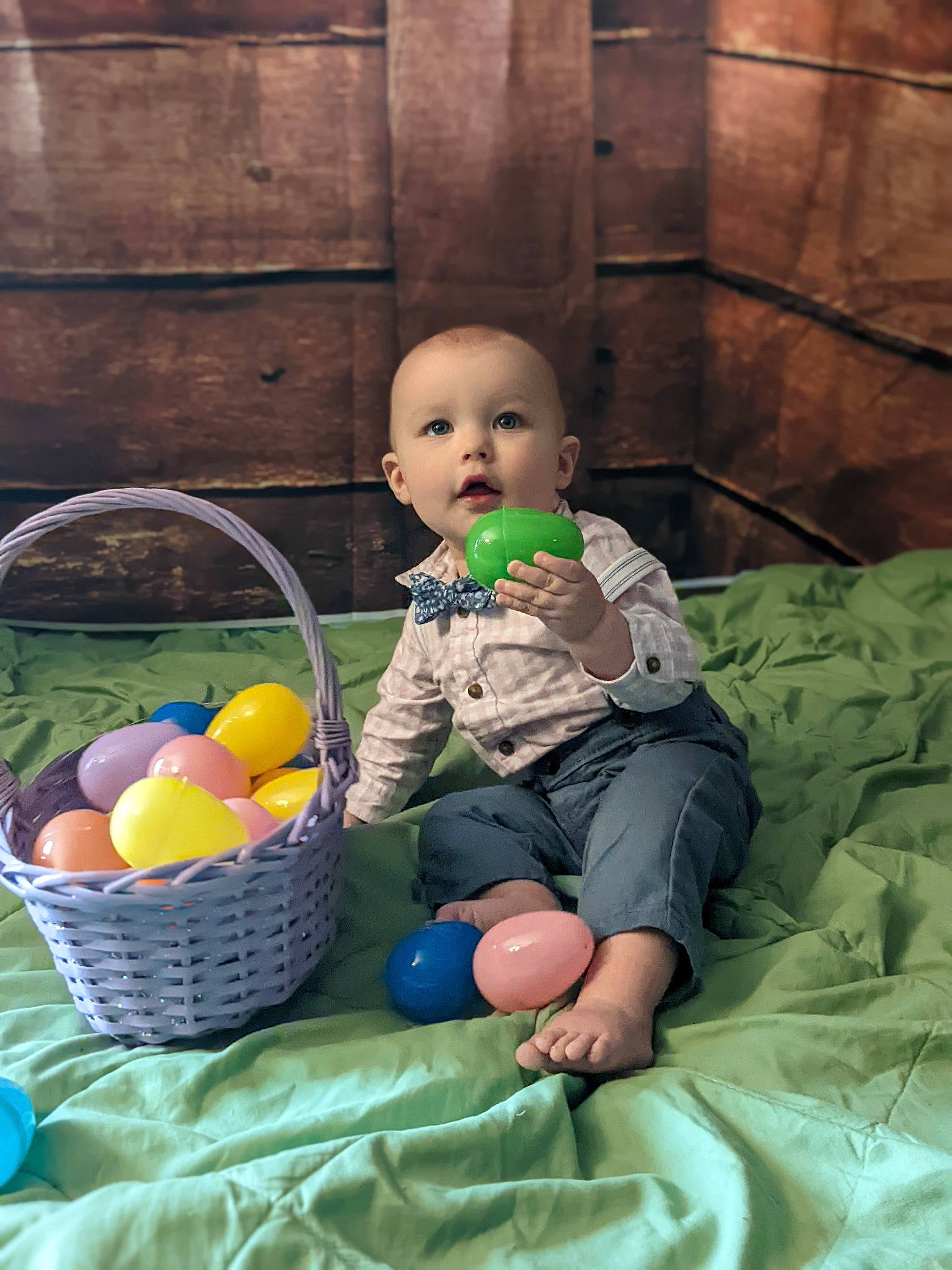 Roger is registered to the contest to win money with this photo: arm, baby, baby_products, basket, child, comfort, doll, easter, event, fun, grass, happy, leisure, person, room, sitting, storage_basket, toddler, toy, wicker