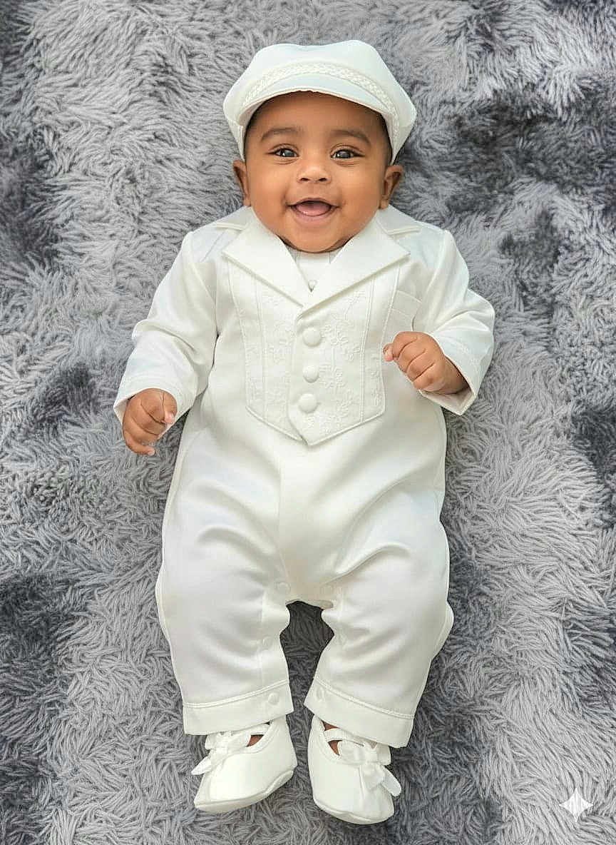 Mikhael joined the competition — help win amazing prizes! adorable, baby, baby_boy, cap, child, close_up, cute, fashion, formal_wear, happy, indoors, infant, lying_down, one_person, portrait, shoes, smiling, soft_rug, toddler, white_clothing