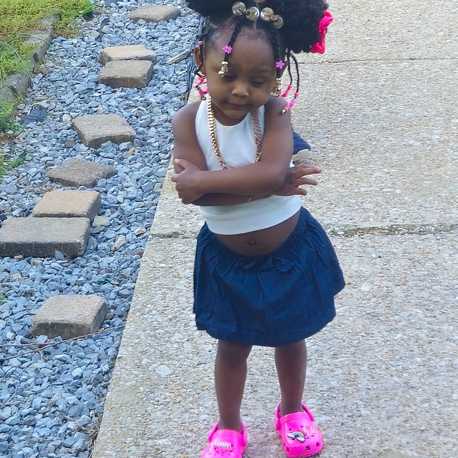 Zoey'Reign King joined the competition — help win amazing prizes! child, city, clothing, dress, face, female, footwear, girl, head, path, person, photography, portrait, road, rock, sandal, shoe, shorts, skirt, walkway