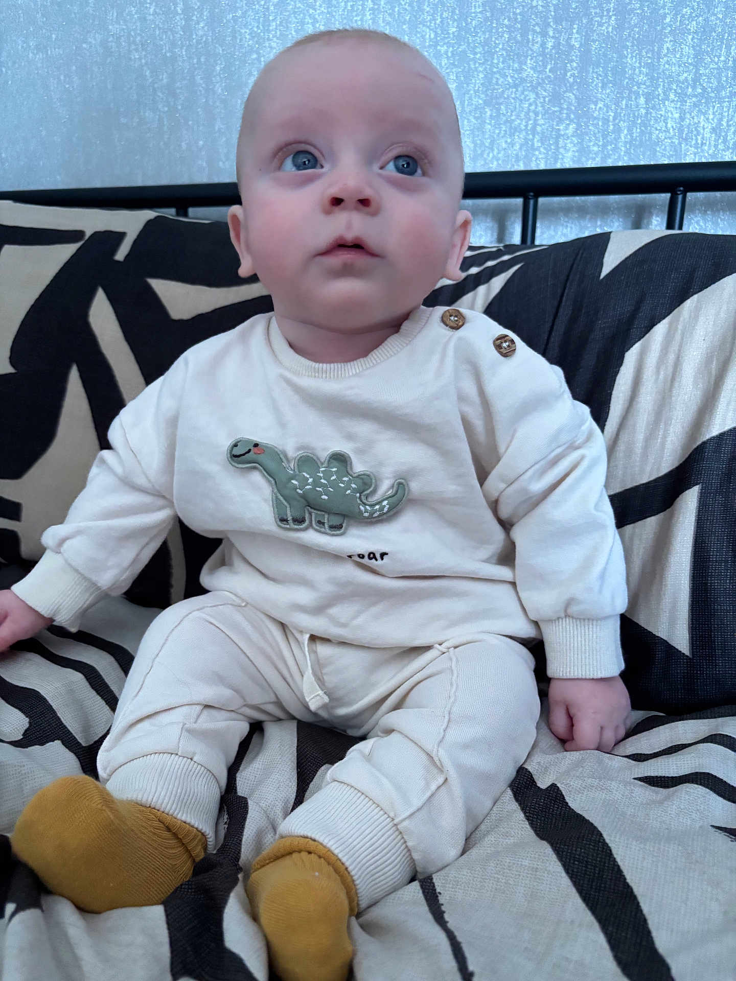 Rico joined the competition — help win amazing prizes! baby, child, infant, blue_eyes, sitting, couch, clothing, dinosaur_patch, socks, cozy, indoor, portrait, cute, young_child, patterned_fabric, soft_lighting, head, face, hands, legs