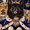 Oreo joined the competition — help win amazing prizes! dog, puppy, black_and_white, fluffy, crown, royal, king, cape, jewelry, collar, blue, gold, money, cash, dollars, luxury, portrait, indoor, sitting, funny