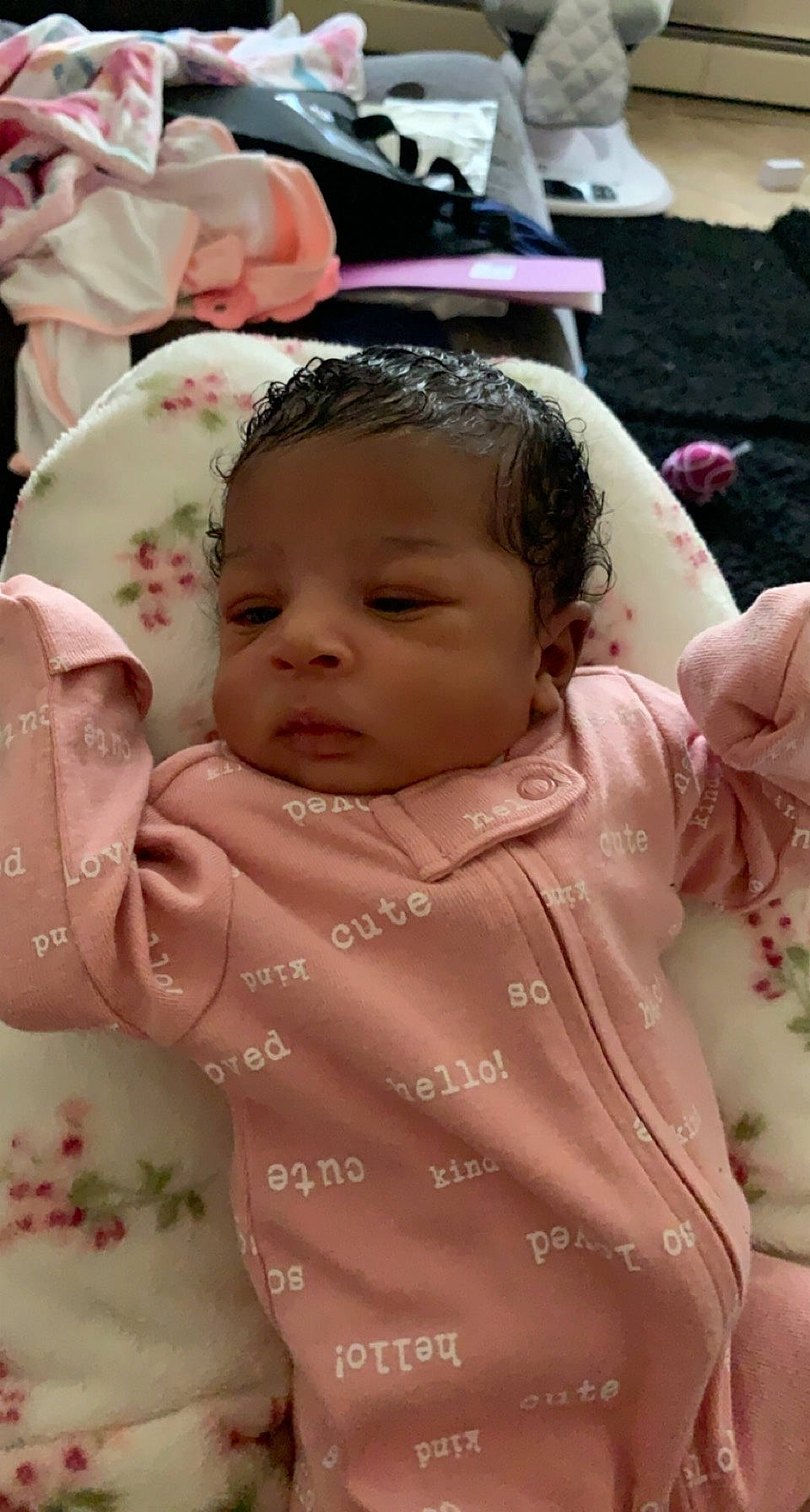 Damiyah is registered to the contest to win money with this photo: abdomen, baby, baby_products, baby_safety, baby_toddler_clothing, bib, cheek, child, chin, event, eyelash, fun, happy, person, pink, sitting, skin, sleeve, toddler