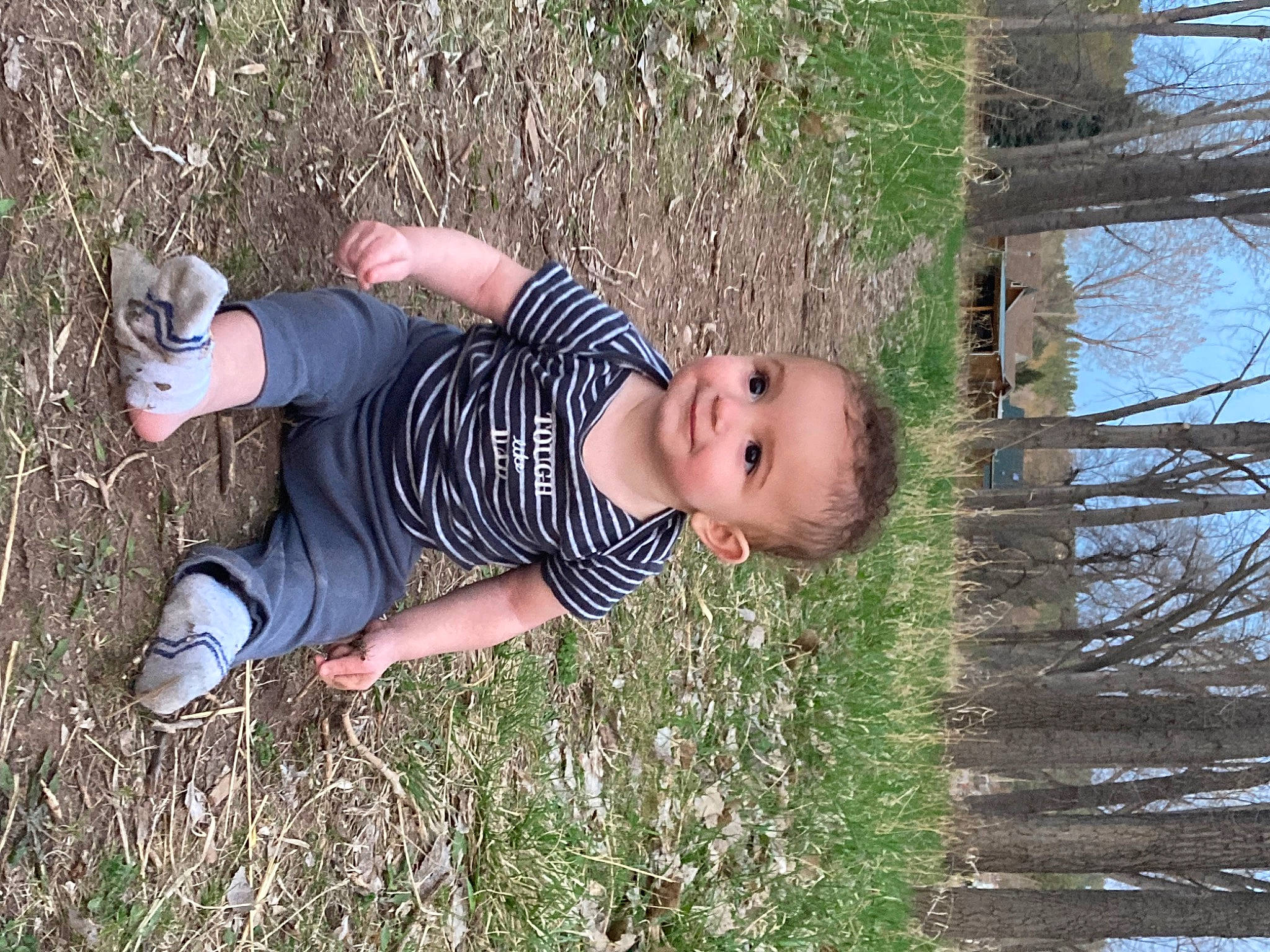 Kairen is registered to the contest to win money with this photo: baby, baby_laughing, baby_toddler_clothing, child, fun, grass, grassland, happy, joy, people_in_nature, person, plant, sitting, sky, smile, soil, toddler, tree, twig, wood