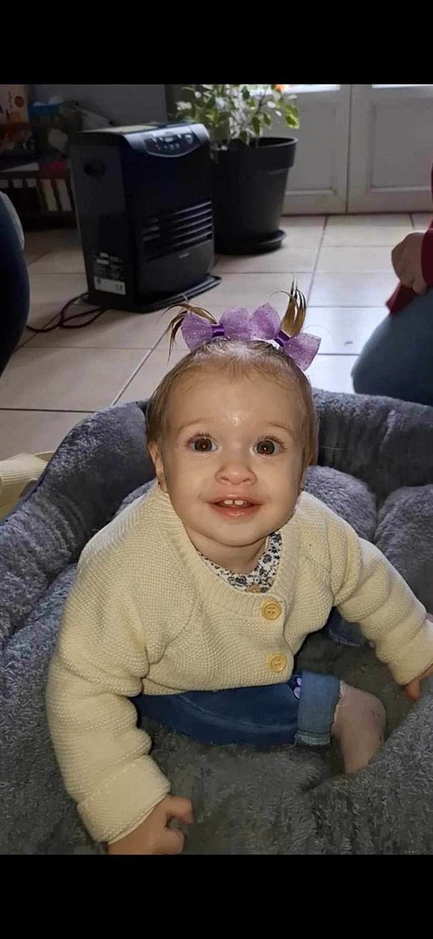Julia participe au concours pour gagner de l'argent avec cette photo : baby, child, cream_sweater, cute, floor_tiles, hair_accessory, happy, heater, indoors, jeans, person, pet_bed, plant, plush, pot, purple_bows, seated, smiling, toddler, young_child