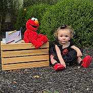 Jade joined the competition — help win amazing prizes! toddler, child, elmo, plush_toy, crate, outdoor, mulch, greenery, black_dress, red_shoes, curly_hair, toy, sign, pens, nature, cute, portrait, sitting, playful, garden