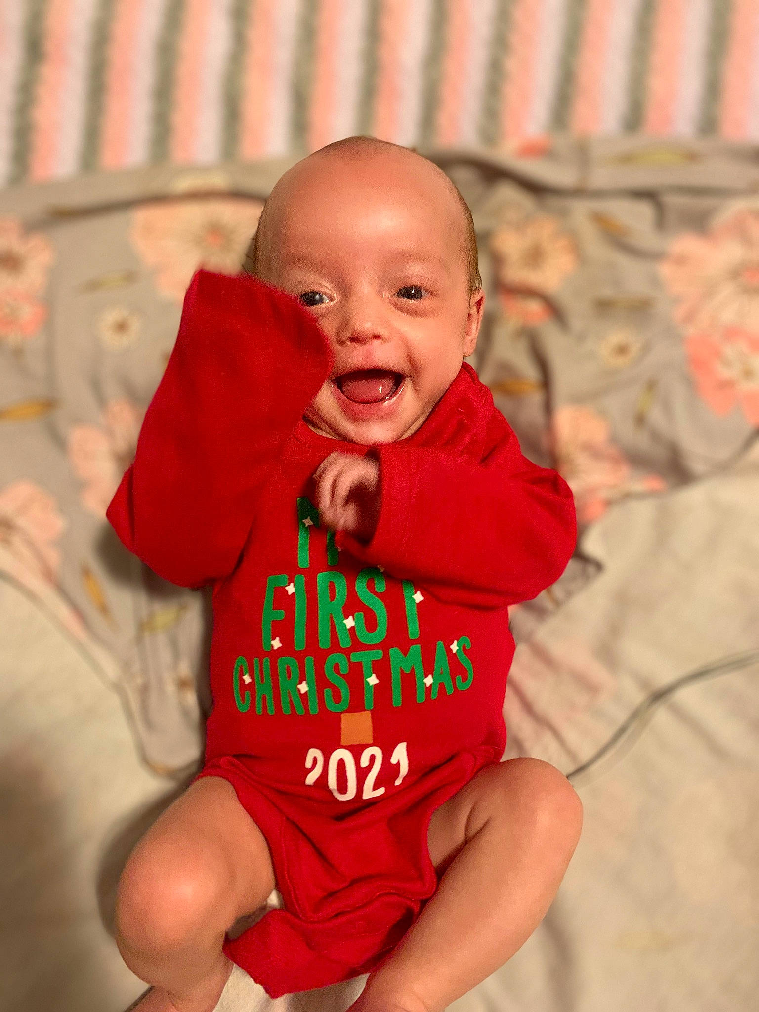 Brynleigh joined the competition — help win amazing prizes! baby, baby_toddler_clothing, cheek, comfort, foot, fun, happy, human_leg, linens, lip, magenta, neck, orange, pattern, person, sleeve, smile, t_shirt, textile, thigh