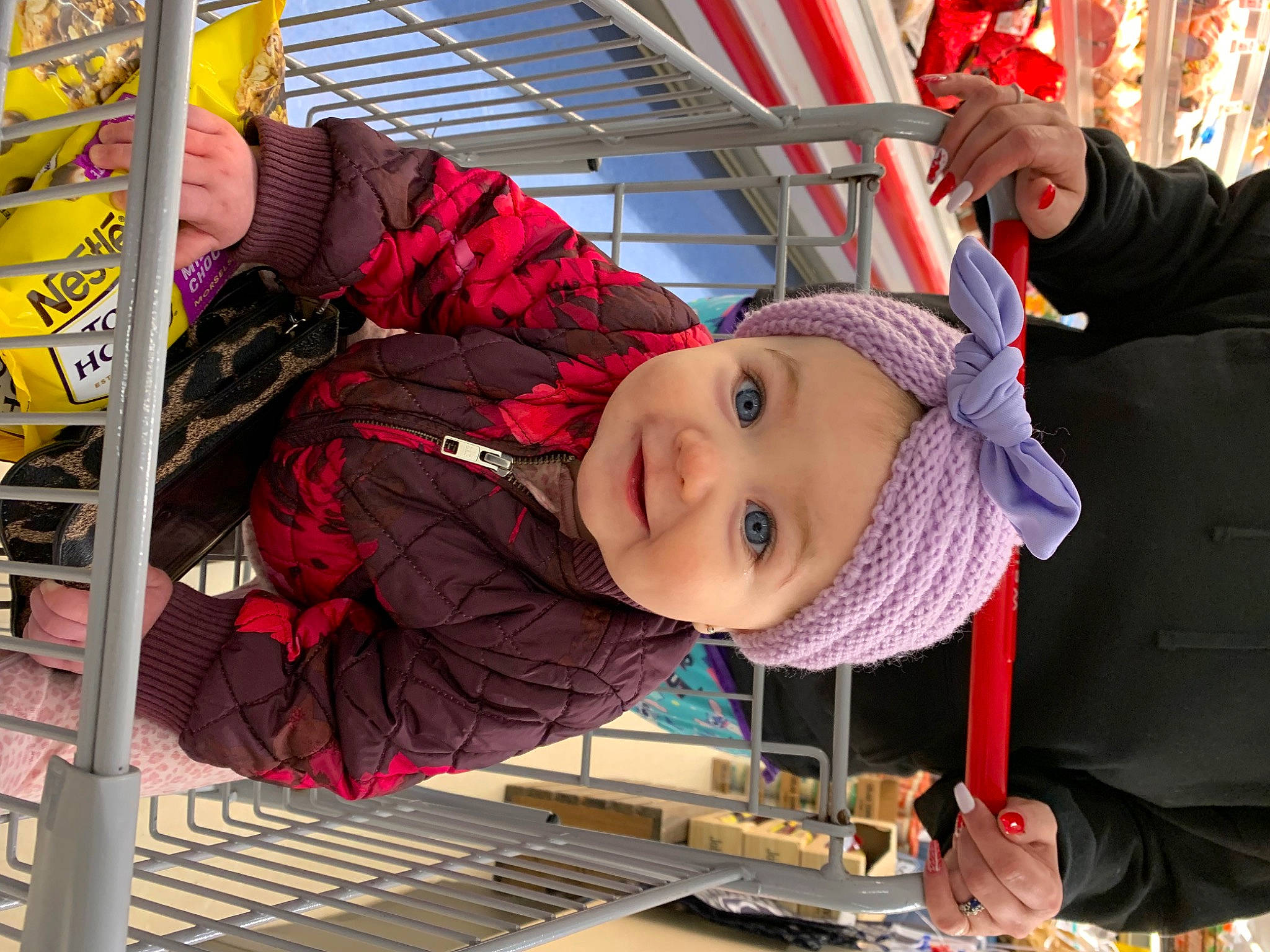 Harper joined the competition — help win amazing prizes! baby, baby_products, child, fun, happy, hat, headgear, headwear, jacket, leisure, people, person, photograph, product, recreation, skin, smile, snapshot, toddler, tree