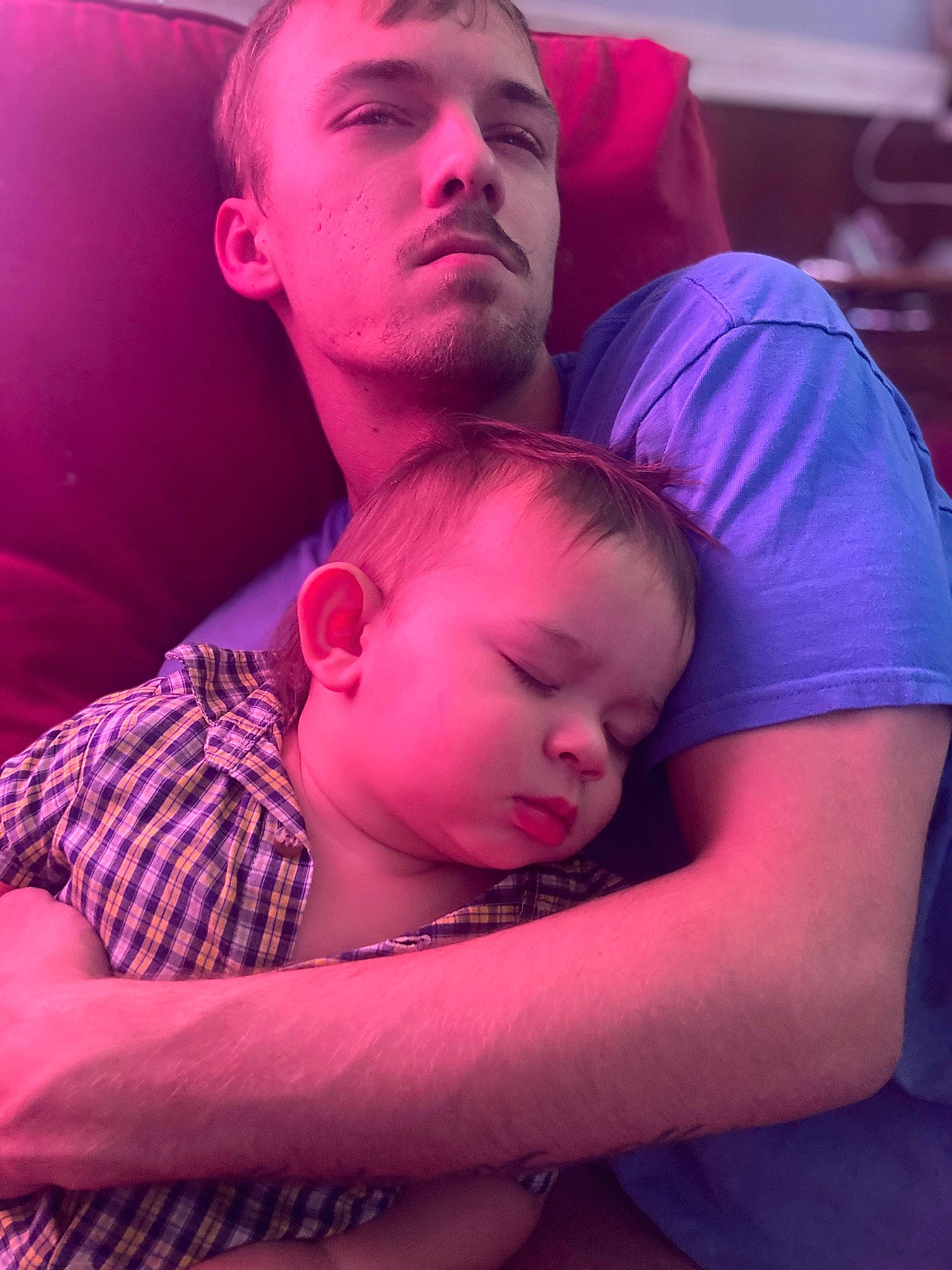 Bentley joined the competition — help win amazing prizes! abdomen, baby, beard, chest, comfort, elbow, event, eye, face, flash_photography, fun, gesture, happy, magenta, mouth, person, pink, purple, sitting, t_shirt