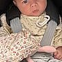 baby, child, blue_eyes, car_seat, polka_dot, plush_toy, stuffed_animal, pacifier, blanket, clothing, infant, cute, face, portrait, hand, soft_toy, seatbelt, indoors, young_child, expression