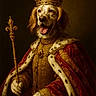 Flamingo a rejoint le concours — aidez-le/la à gagner de superbes lots ! animal, canine, costume, crown, dog, fancy, fur, gold_embroidery, golden_retriever, indoor, king, luxury, majestic, portrait, red_cloth, regal, royal_robe, scepter, smiling, throne
